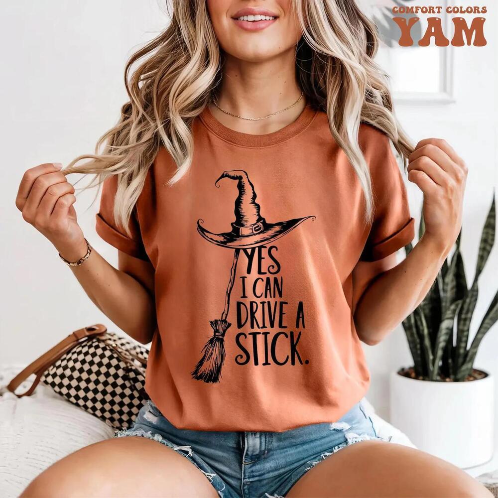 Yes I Can Drive A Stick T Shirt, Funny Halloween Witch Tee For Women